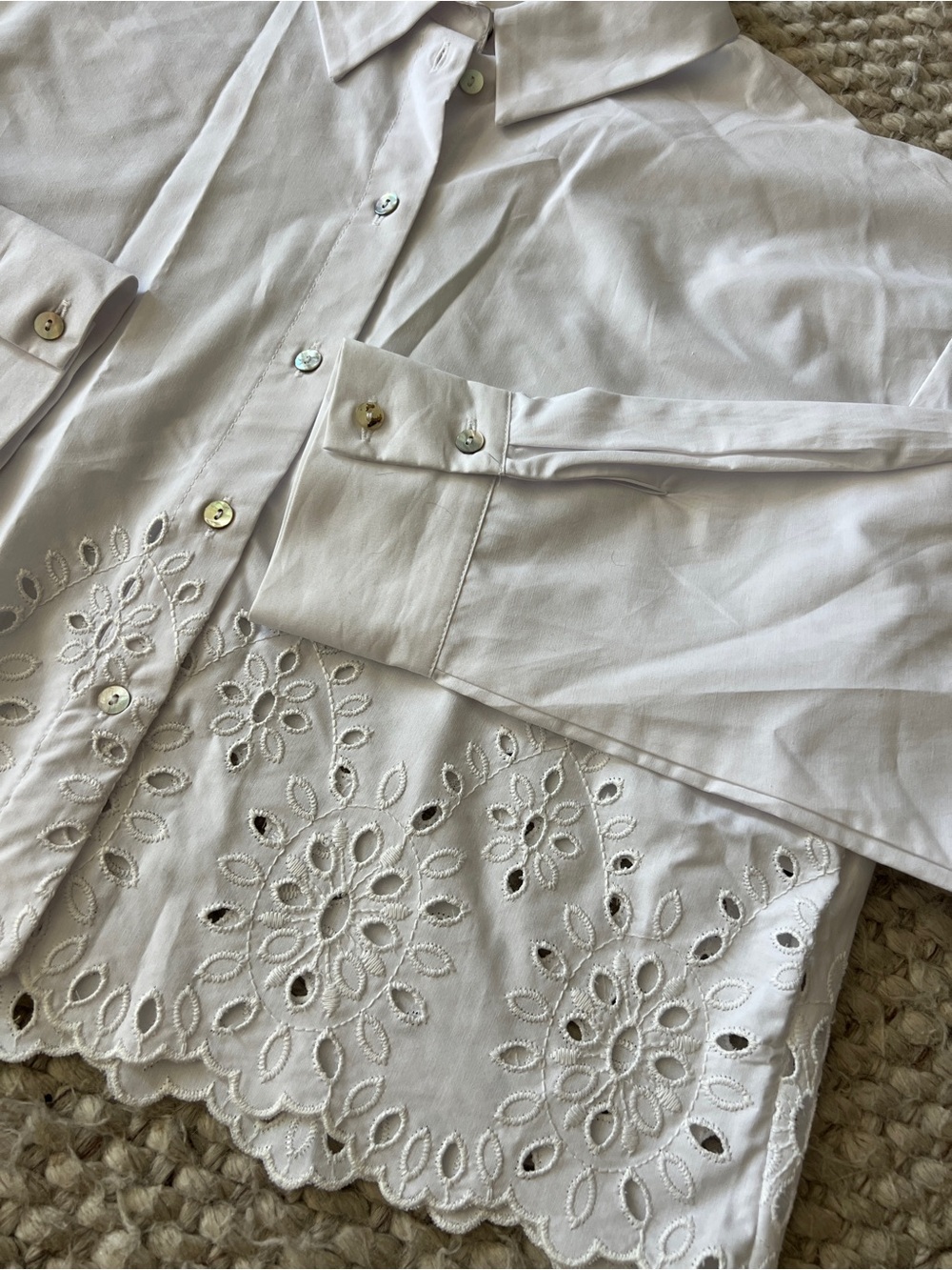Zara White Eyelet Hem Button-Up Blouse